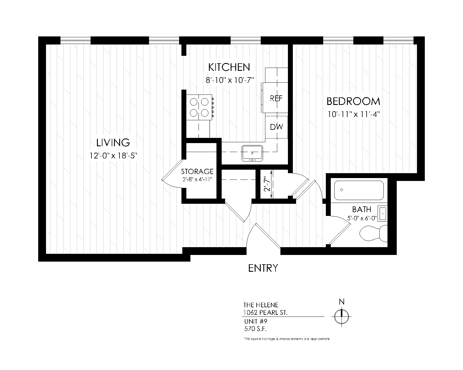 Floor plan for 1 bed, 1 bath, 605 sqft